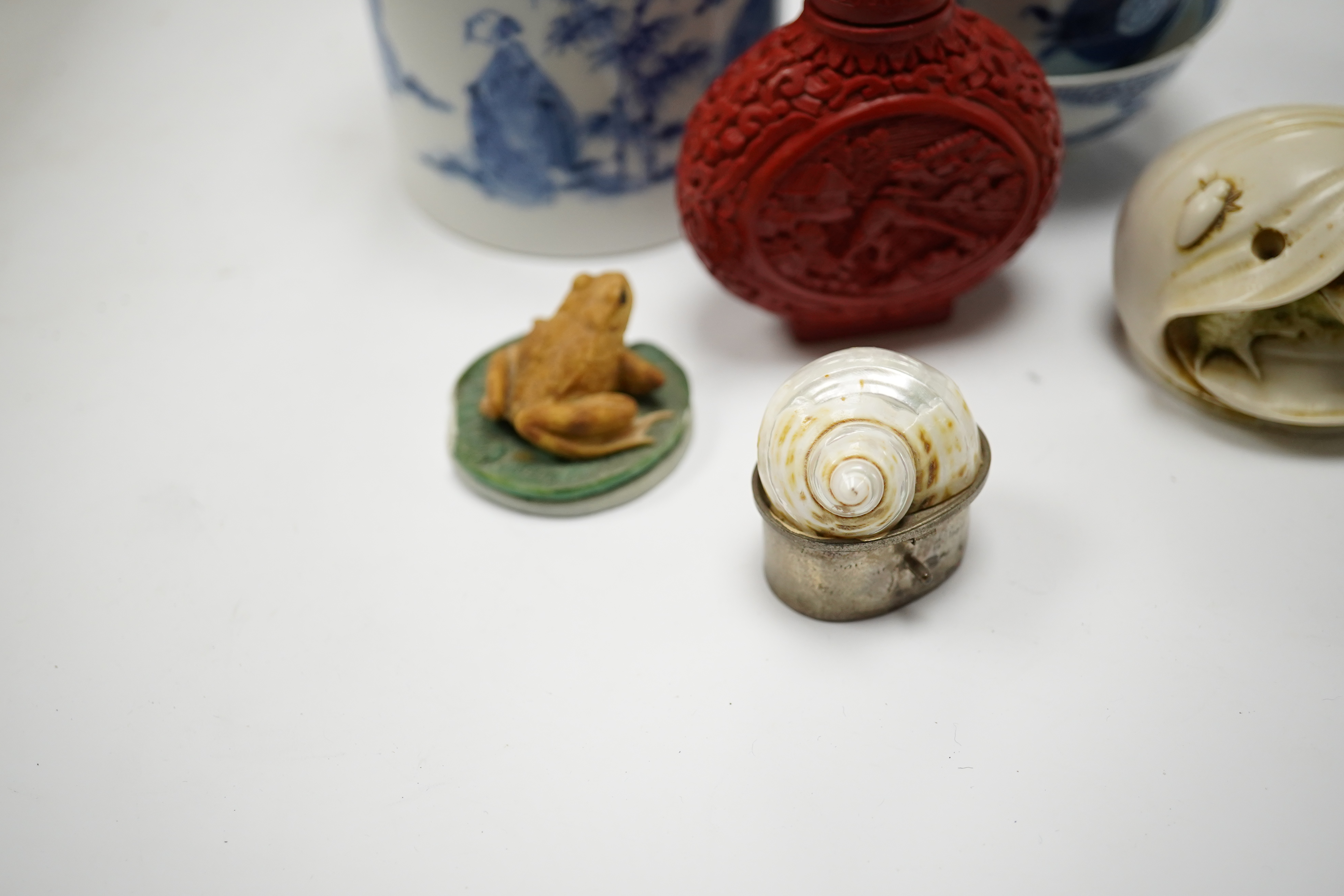 A Japanese blue and white seven sages of the bamboo grove joss-stick holder, 9.5cm high, four Chinese blue and white bowls, 19th/20th century and four other miscellaneous items. Condition - fair to good